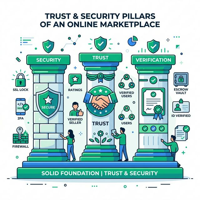 Ba trụ cột cốt lõi của TapHoaMMO V2 - Bảo mật (SSL, 2FA), Uy tín (Escrow, KYC) và Xác minh (Badge người bán) đảm bảo giao dịch an toàn tuyệt đối