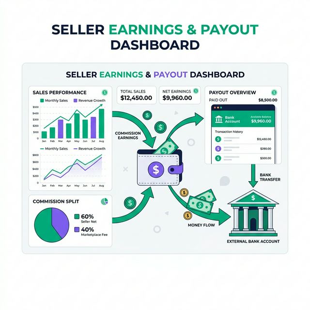 Minh họa hệ thống thu nhập và rút tiền của Seller trên TapHoaMMO V2 - Dashboard doanh số, ví nhận hoa hồng, tiền chuyển về ngân hàng